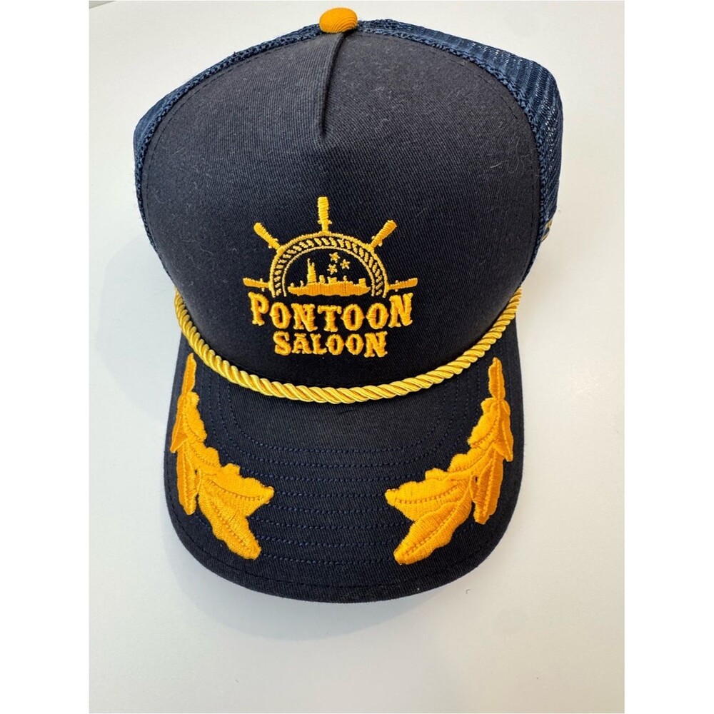 Pontoon Saloon Embroidered Trucker Hat - Navy & Gold